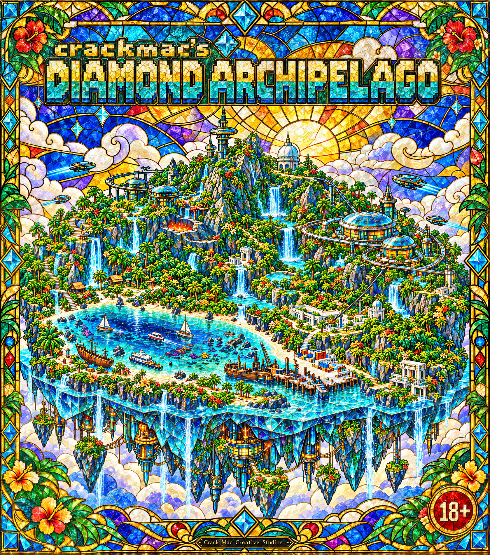 Diamond Archipelago: a floating tropical island of stained glass, waterfalls, towers and turquoise bays.